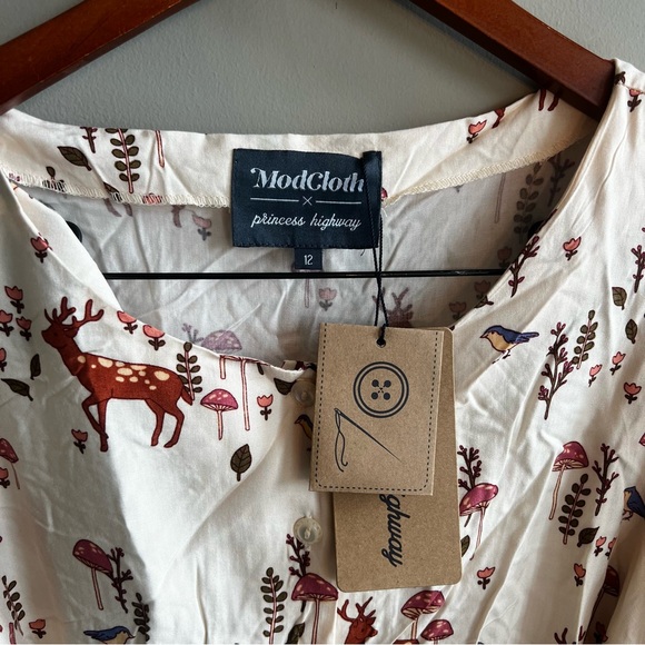 ModCloth Princess Highway Dress with deer/mushroom/bluebird print off white - Picture 3 of 4